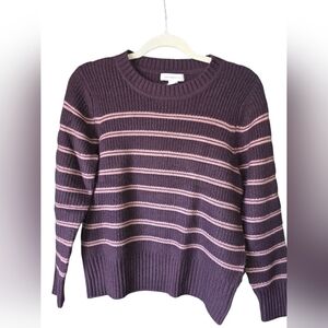 Liz Claiborne Plum and Blush Striped Sweater Medium Soft Ribbed Cuff, Hem.